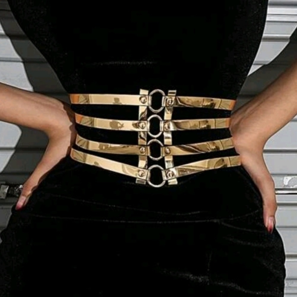 Gold Faux Leather Cage Corset Wide waist Stretch Belt Formal Wedding Statement